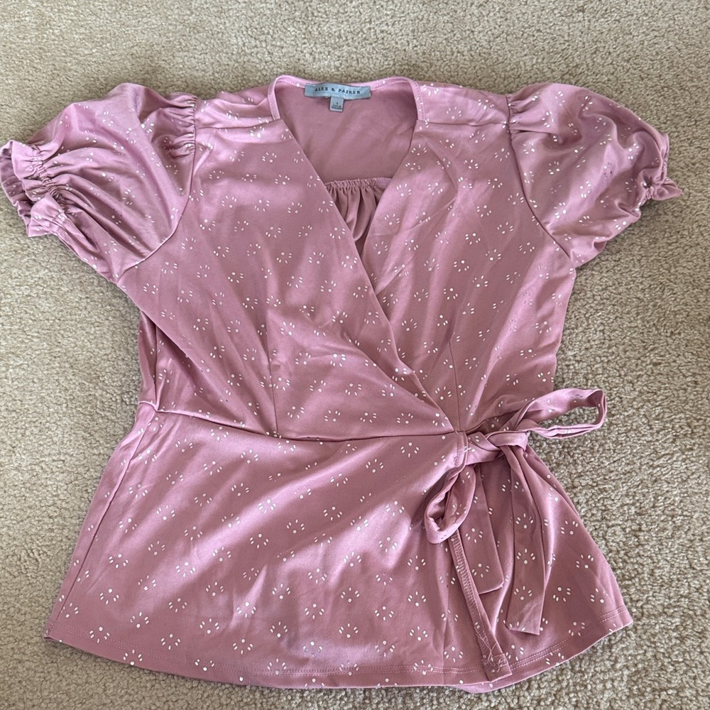 Elegant Pink Wrap Blouse with Puff Sleeves